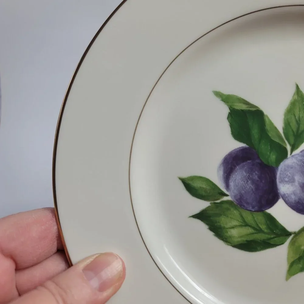 TWO Mikasa Plum Court L3132 Salad Plates White with Purple Plums & Green Leaves